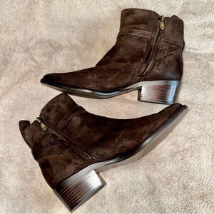 Sam Edelman Brawley Brown Suede Ankle Boots Size 7 Square Toe Gold Buckle